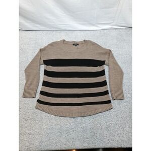 AGB Women's Sweater Size L Taupe Black Stripe Button Back Long Sleeve Pullover